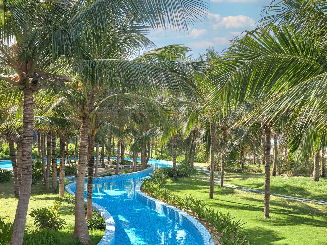 Lazy river winding through palm trees
