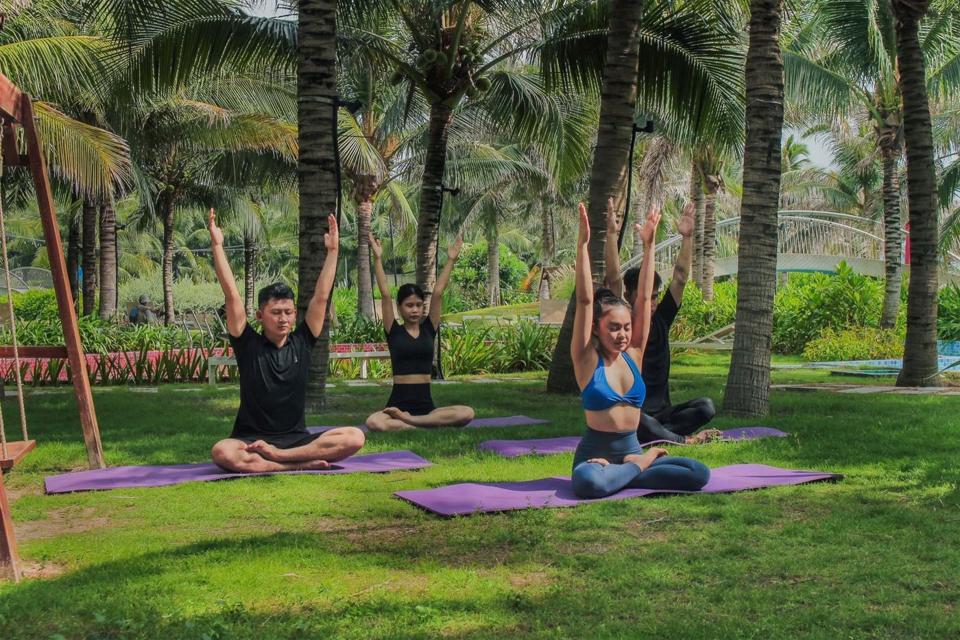 People doing yoga on mats on the grass under coconut palms